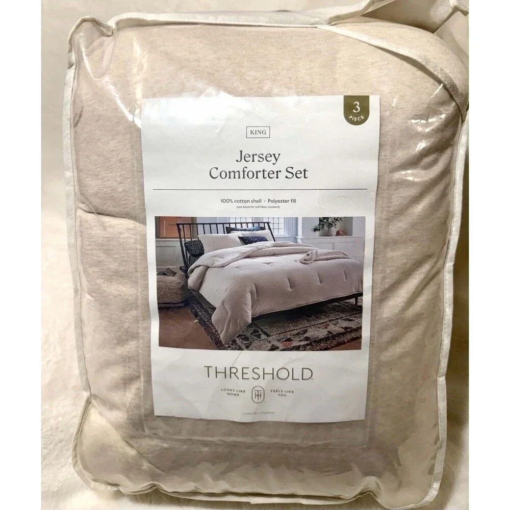 3pc King Jersey Comforter Set Threshold Oatmeal Heather Knit Shams